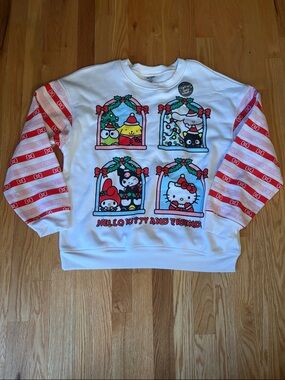 Sanrio White Sweatshirt with Red Striped Sleeves and Multicolor Characters